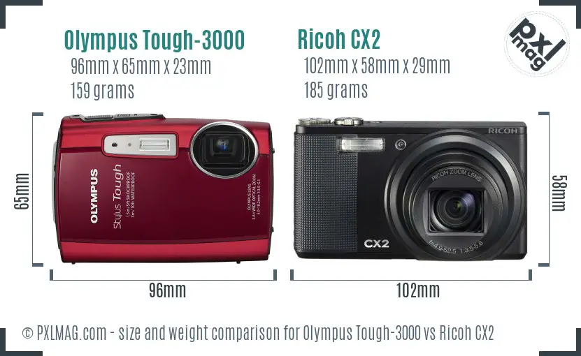 Olympus Tough-3000 vs Ricoh CX2 size comparison