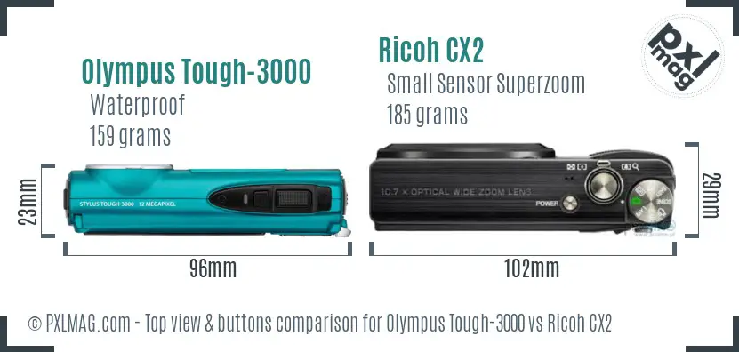 Olympus Tough-3000 vs Ricoh CX2 top view buttons comparison