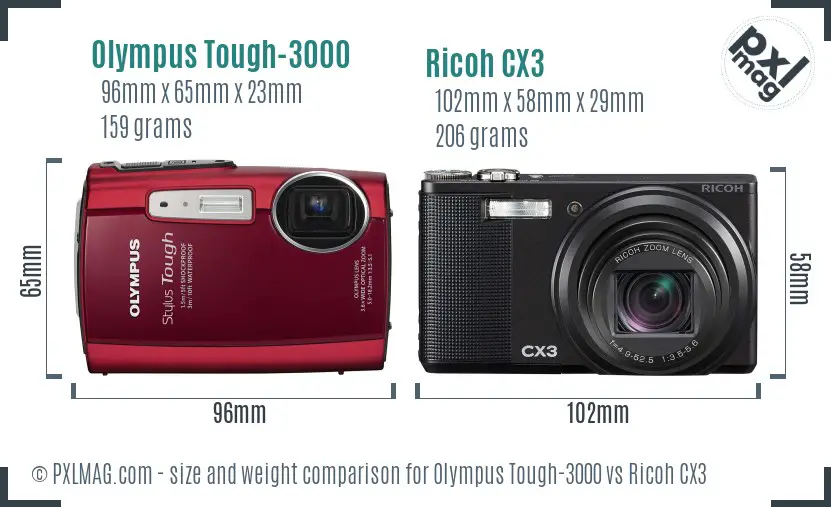 Olympus Tough-3000 vs Ricoh CX3 size comparison