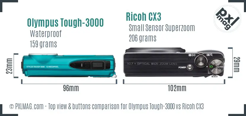 Olympus Tough-3000 vs Ricoh CX3 top view buttons comparison