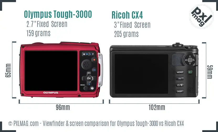 Olympus Tough-3000 vs Ricoh CX4 Screen and Viewfinder comparison Olympus Tough-3000 vs Ricoh CX4 Screen and Viewfinder comparison
