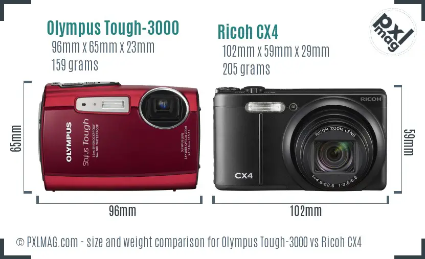 Olympus Tough-3000 vs Ricoh CX4 size comparison Olympus Tough-3000 vs Ricoh CX4 size comparison