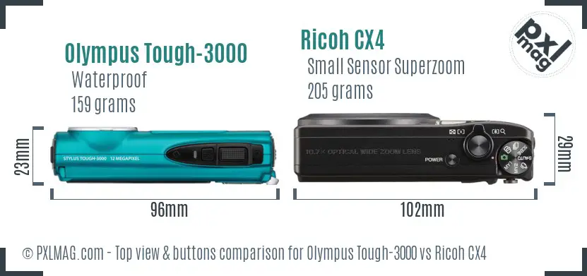Olympus Tough-3000 vs Ricoh CX4 top view buttons comparison Olympus Tough-3000 vs Ricoh CX4 top view buttons comparison