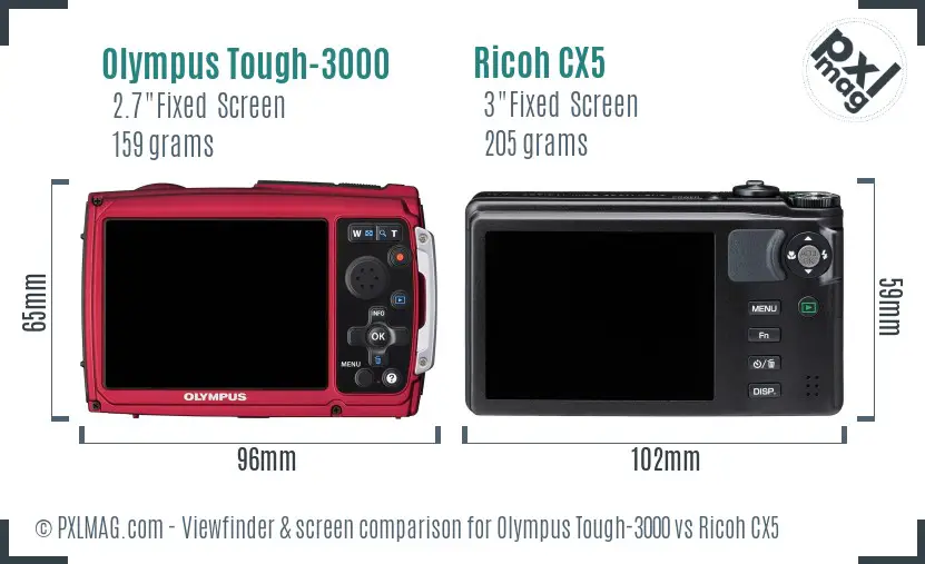 Olympus Tough-3000 vs Ricoh CX5 Screen and Viewfinder comparison