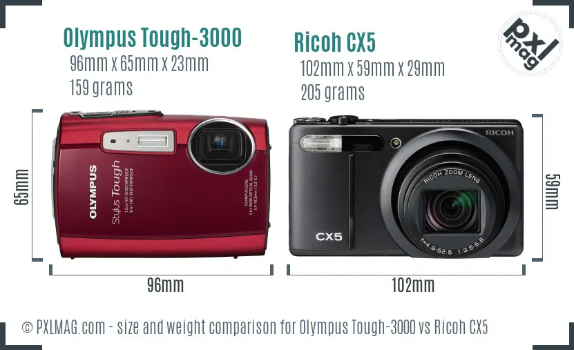 Olympus Tough-3000 vs Ricoh CX5 size comparison