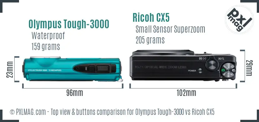 Olympus Tough-3000 vs Ricoh CX5 top view buttons comparison