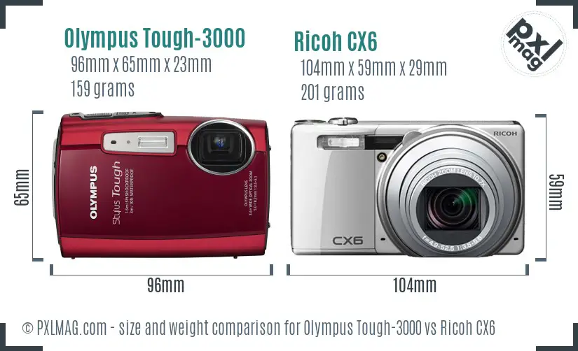 Olympus Tough-3000 vs Ricoh CX6 size comparison
