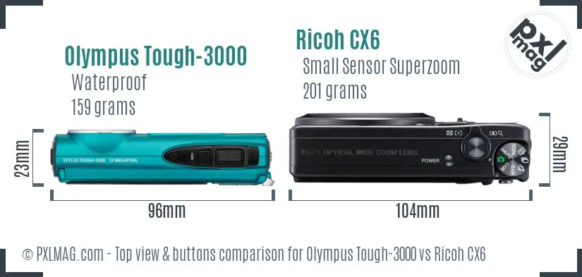 Olympus Tough-3000 vs Ricoh CX6 top view buttons comparison