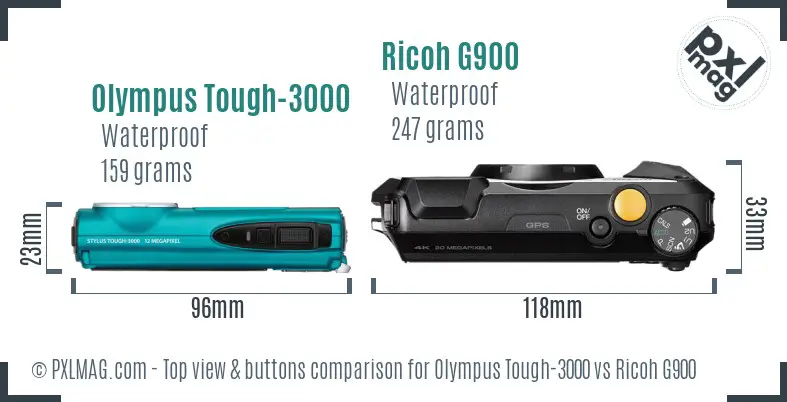 Olympus Tough-3000 vs Ricoh G900 top view buttons comparison