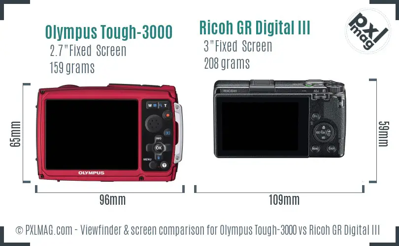 Olympus Tough-3000 vs Ricoh GR Digital III Screen and Viewfinder comparison