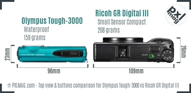 Olympus Tough-3000 vs Ricoh GR Digital III top view buttons comparison