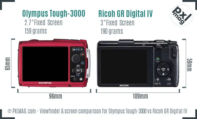 Olympus Tough-3000 vs Ricoh GR Digital IV Screen and Viewfinder comparison