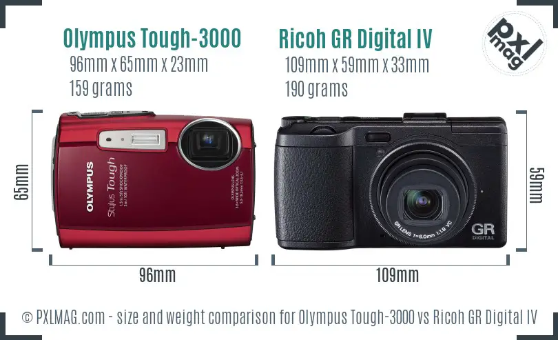 Olympus Tough-3000 vs Ricoh GR Digital IV size comparison