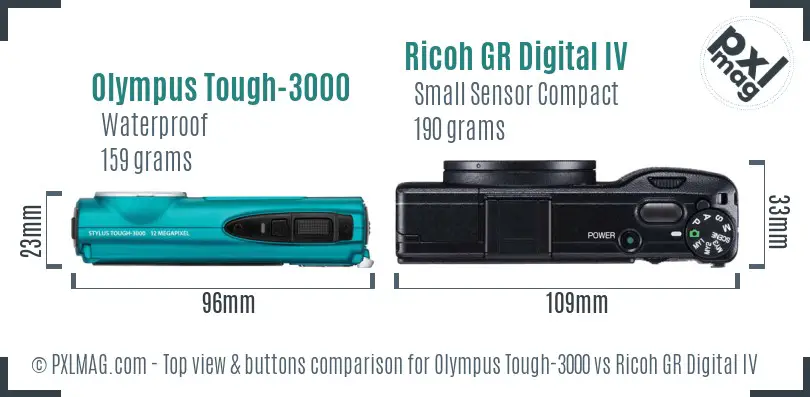 Olympus Tough-3000 vs Ricoh GR Digital IV top view buttons comparison