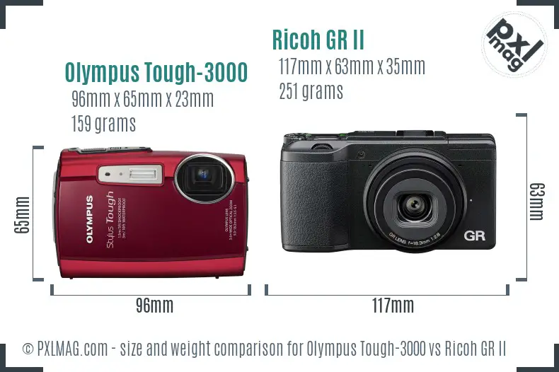Olympus Tough-3000 vs Ricoh GR II size comparison