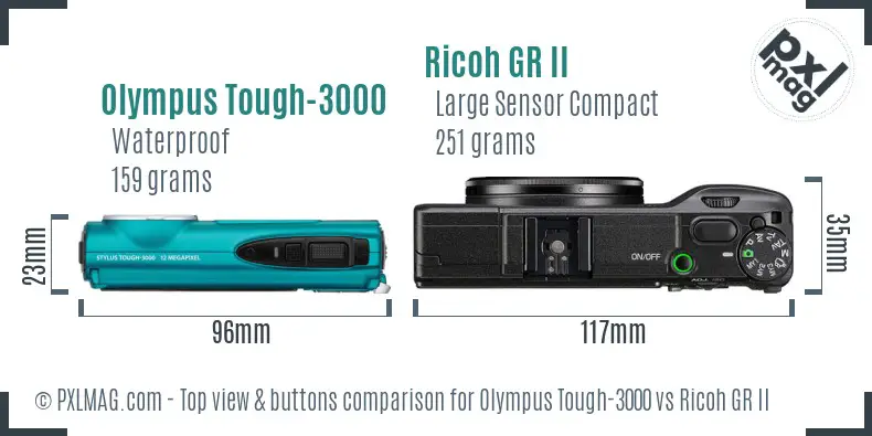 Olympus Tough-3000 vs Ricoh GR II top view buttons comparison