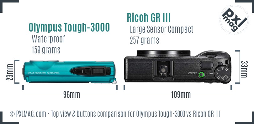 Olympus Tough-3000 vs Ricoh GR III top view buttons comparison