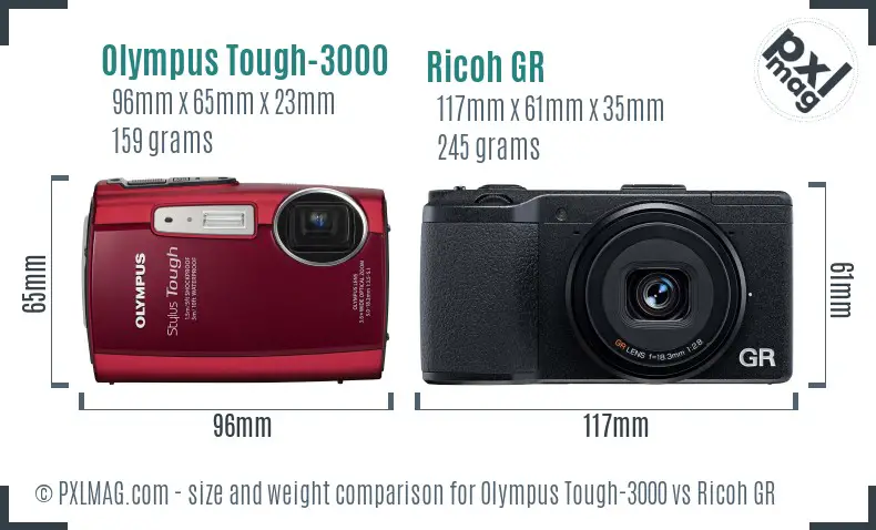 Olympus Tough-3000 vs Ricoh GR size comparison