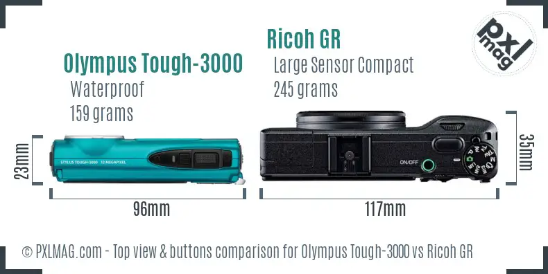 Olympus Tough-3000 vs Ricoh GR top view buttons comparison