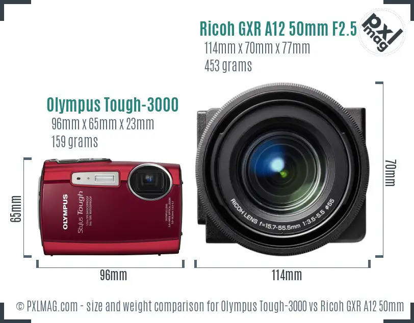 Olympus Tough-3000 vs Ricoh GXR A12 50mm F2.5 Macro size comparison