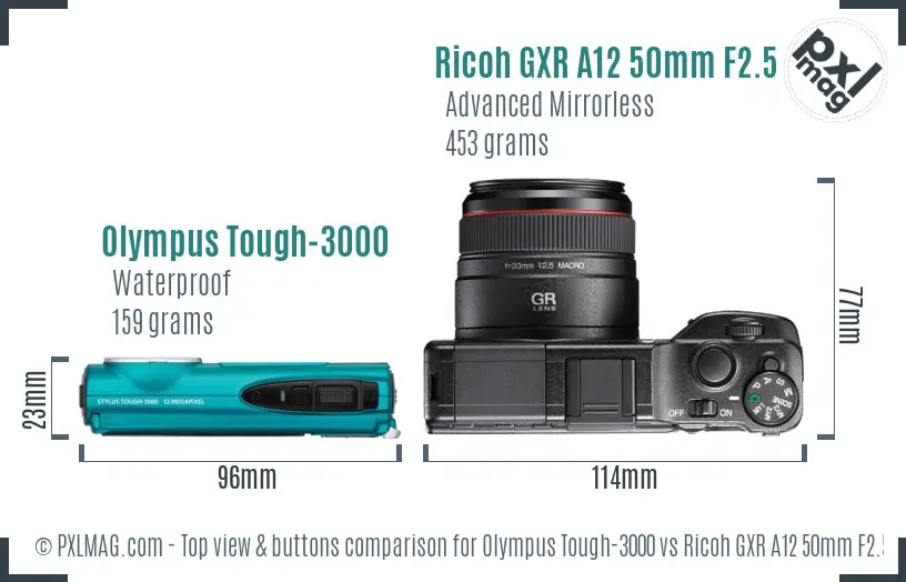 Olympus Tough-3000 vs Ricoh GXR A12 50mm F2.5 Macro top view buttons comparison