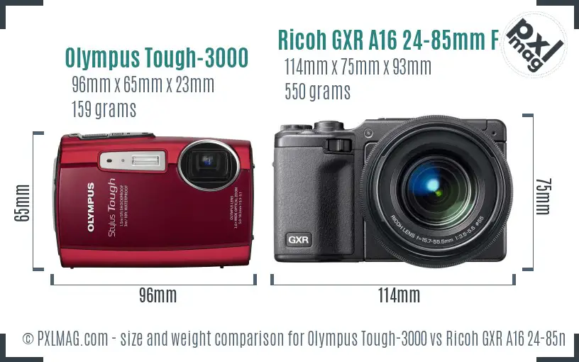 Olympus Tough-3000 vs Ricoh GXR A16 24-85mm F3.5-5.5 size comparison