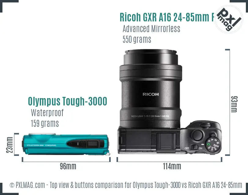 Olympus Tough-3000 vs Ricoh GXR A16 24-85mm F3.5-5.5 top view buttons comparison