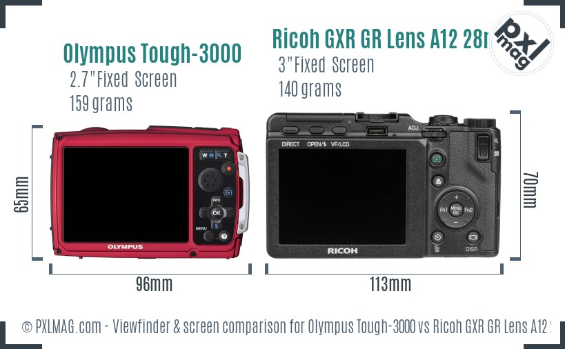 Olympus Tough-3000 vs Ricoh GXR GR Lens A12 28mm F2.5 Screen and Viewfinder comparison