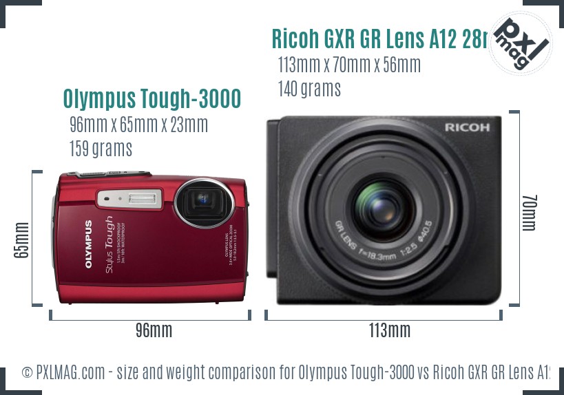 Olympus Tough-3000 vs Ricoh GXR GR Lens A12 28mm F2.5 size comparison