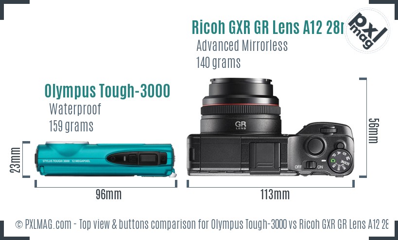 Olympus Tough-3000 vs Ricoh GXR GR Lens A12 28mm F2.5 top view buttons comparison