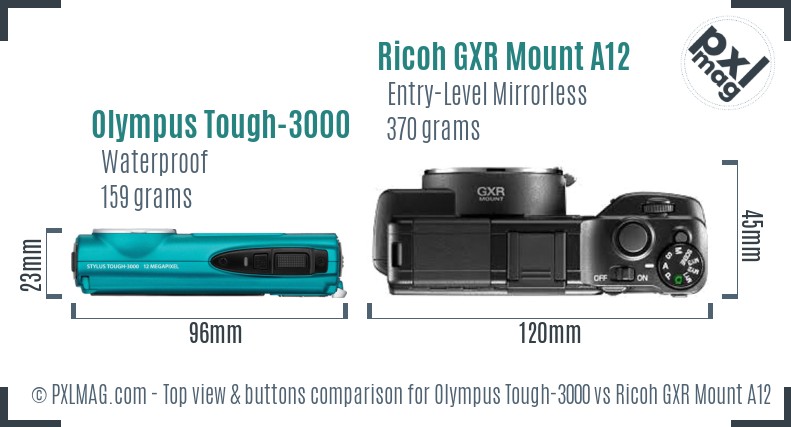 Olympus Tough-3000 vs Ricoh GXR Mount A12 top view buttons comparison