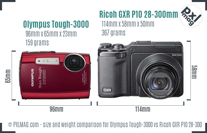 Olympus Tough-3000 vs Ricoh GXR P10 28-300mm F3.5-5.6 VC size comparison