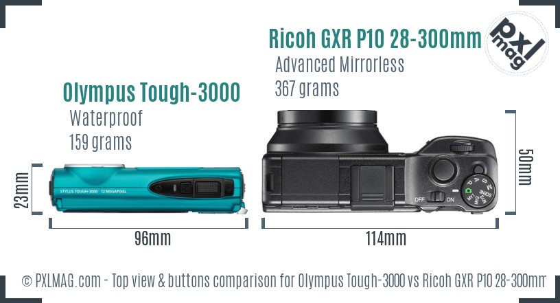 Olympus Tough-3000 vs Ricoh GXR P10 28-300mm F3.5-5.6 VC top view buttons comparison