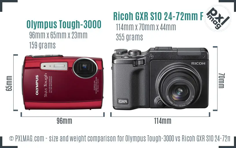 Olympus Tough-3000 vs Ricoh GXR S10 24-72mm F2.5-4.4 VC size comparison