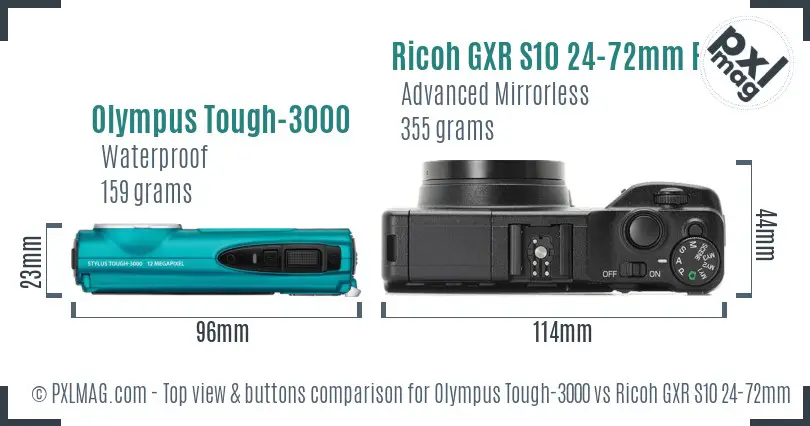 Olympus Tough-3000 vs Ricoh GXR S10 24-72mm F2.5-4.4 VC top view buttons comparison