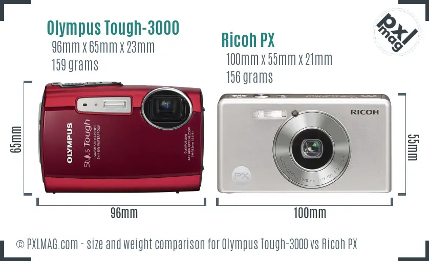 Olympus Tough-3000 vs Ricoh PX size comparison