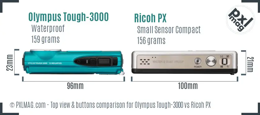Olympus Tough-3000 vs Ricoh PX top view buttons comparison