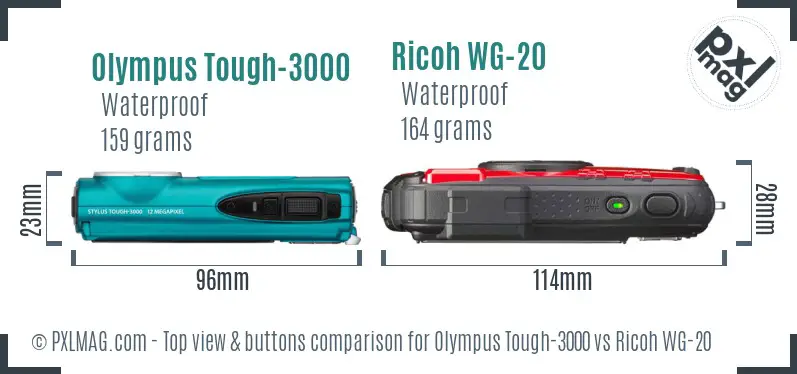 Olympus Tough-3000 vs Ricoh WG-20 top view buttons comparison