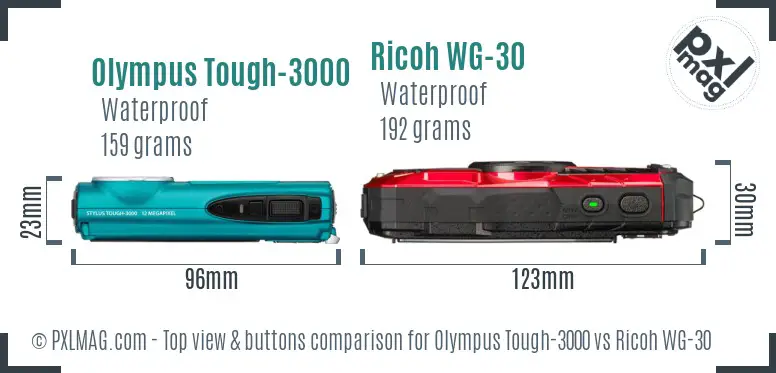Olympus Tough-3000 vs Ricoh WG-30 top view buttons comparison