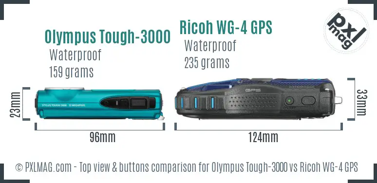 Olympus Tough-3000 vs Ricoh WG-4 GPS top view buttons comparison
