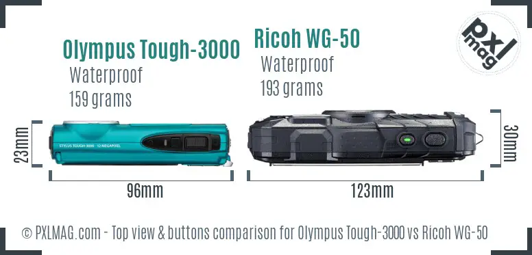 Olympus Tough-3000 vs Ricoh WG-50 top view buttons comparison Olympus Tough-3000 vs Ricoh WG-50 top view buttons comparison