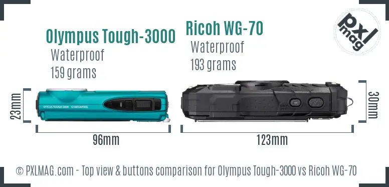 Olympus Tough-3000 vs Ricoh WG-70 top view buttons comparison