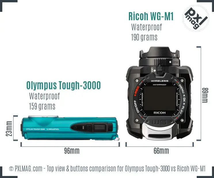 Olympus Tough-3000 vs Ricoh WG-M1 top view buttons comparison