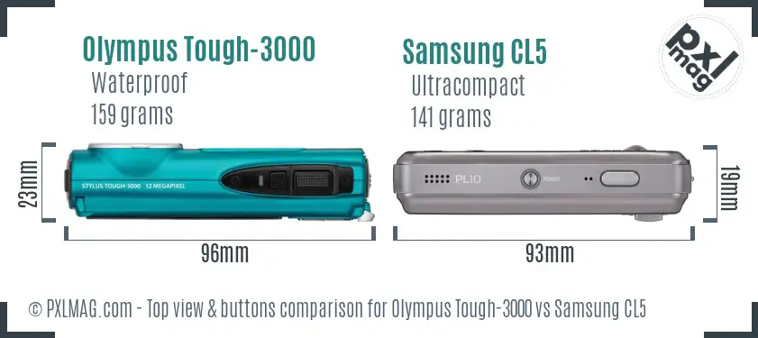 Olympus Tough-3000 vs Samsung CL5 top view buttons comparison Olympus Tough-3000 vs Samsung CL5 top view buttons comparison