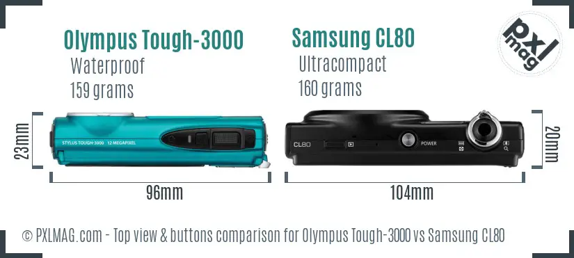 Olympus Tough-3000 vs Samsung CL80 top view buttons comparison Olympus Tough-3000 vs Samsung CL80 top view buttons comparison