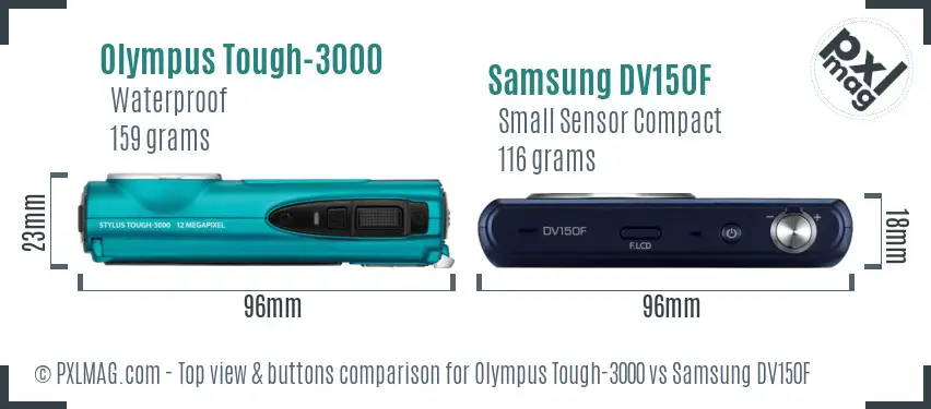 Olympus Tough-3000 vs Samsung DV150F top view buttons comparison