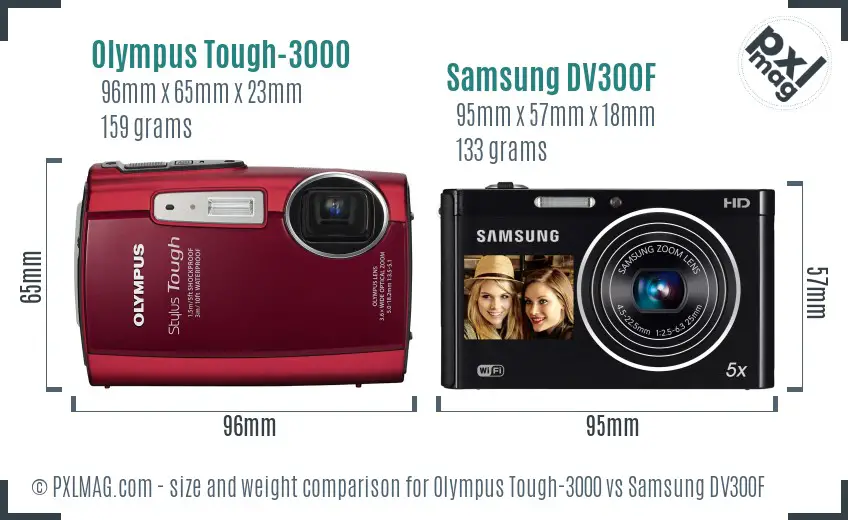 Olympus Tough-3000 vs Samsung DV300F size comparison