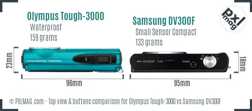 Olympus Tough-3000 vs Samsung DV300F top view buttons comparison