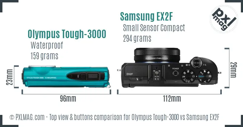 Olympus Tough-3000 vs Samsung EX2F top view buttons comparison