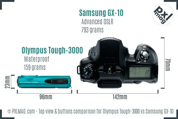 Olympus Tough-3000 vs Samsung GX-10 top view buttons comparison